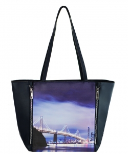 Large Tote Womens Golden Bridge Magazine Purse Handbag A81053 -6 BLUE